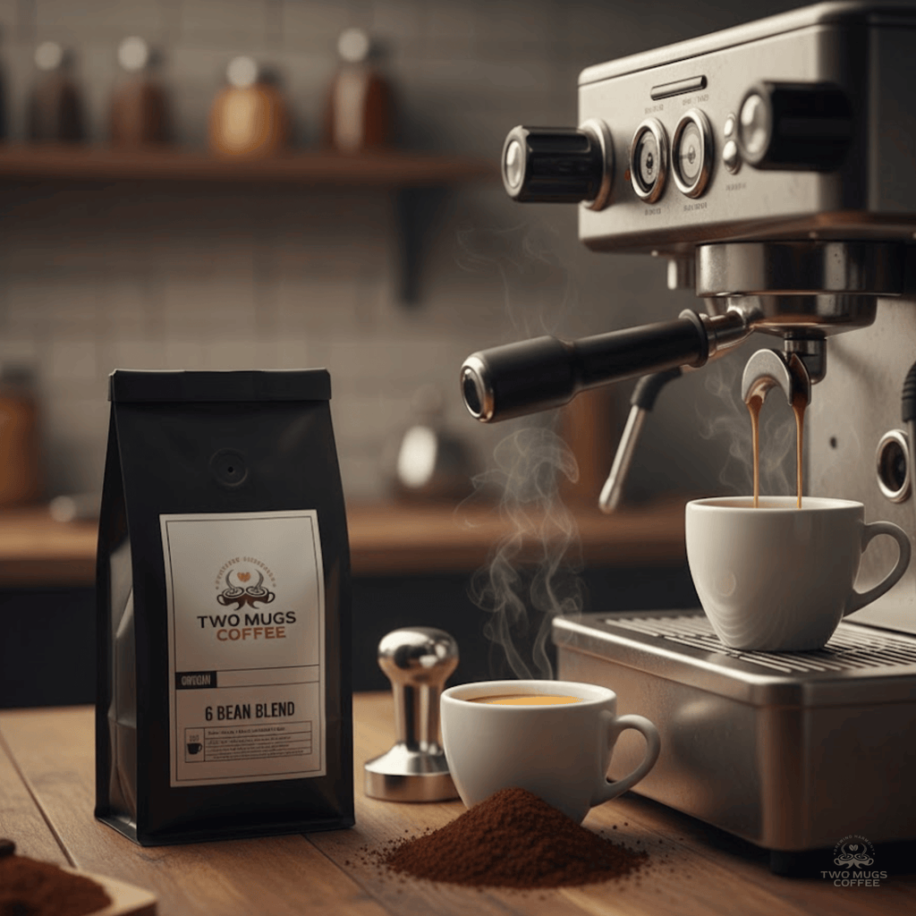 6 Bean Blend Coffee dark roast espresso with complex rich flavors and crema