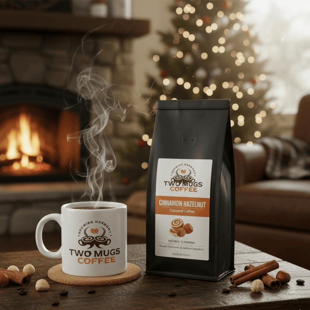 Two Mugs Coffee package and steaming mug in a cozy room with a fireplace and Christmas tree.