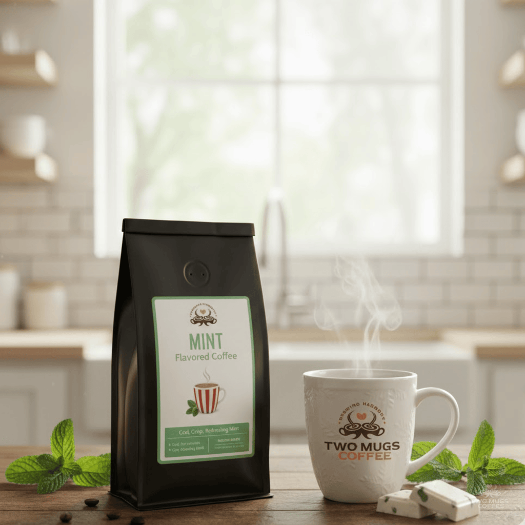 Two Mugs Coffee mint-flavored coffee package with a steaming white mug on a kitchen counter.