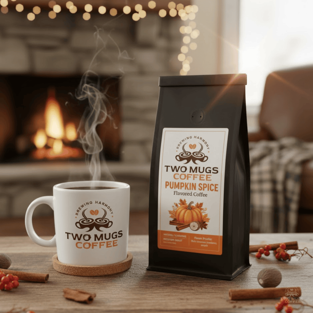 Cup of warm medium roast Pumpkin Spice Flavored Coffee with cinnamon and nutmeg accents