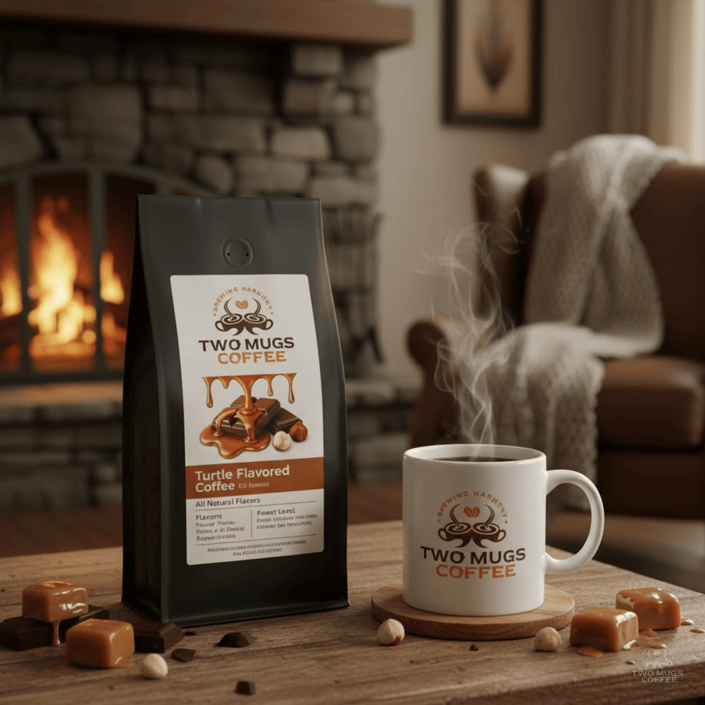 Two Mugs Coffee package and turtle flavored coffee on a wooden table with a fireplace in the background