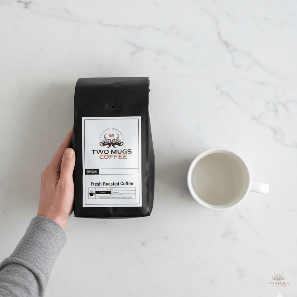 Overhead product photo for scale, showing the Two Mugs Coffee product bag next to a standard 12oz ceramic mug on a light kitchen counter to illustrate size and quantity.